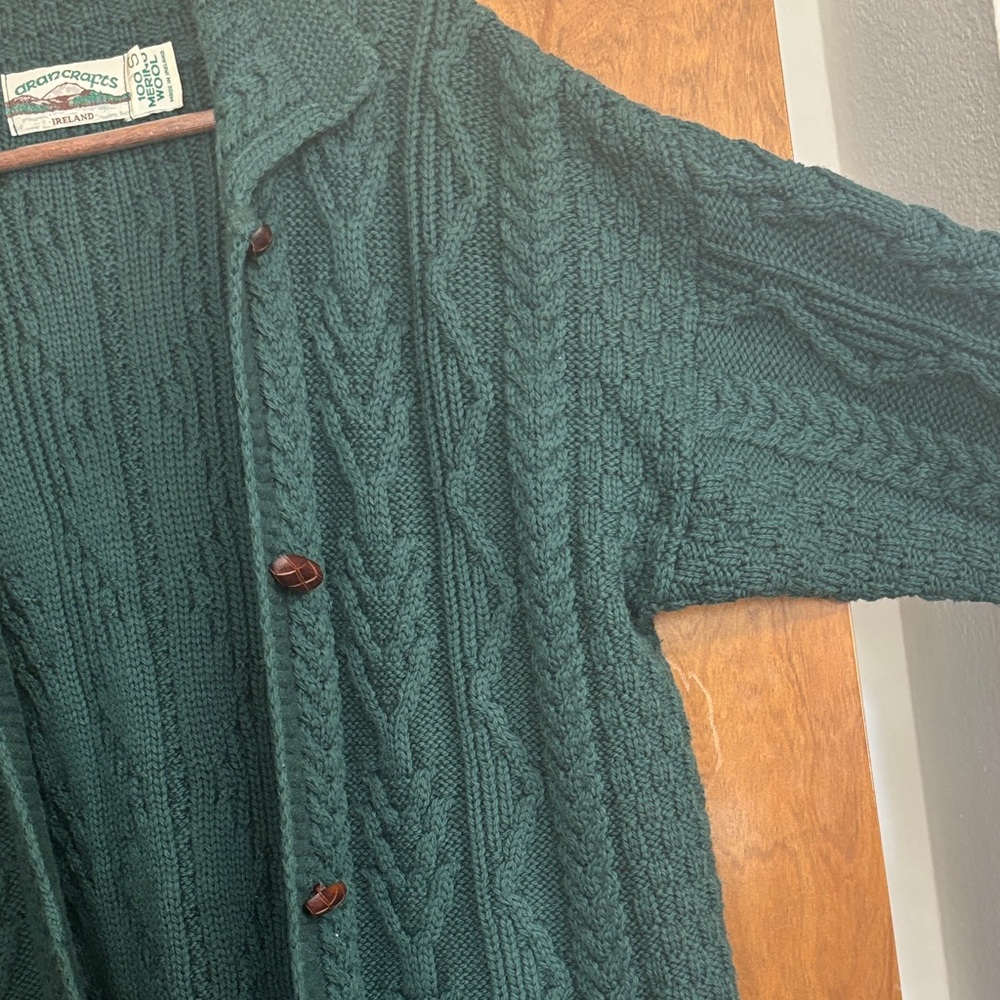 Aran Craft dark ever green knit cardigan 100% wool made in Ireland with pockets